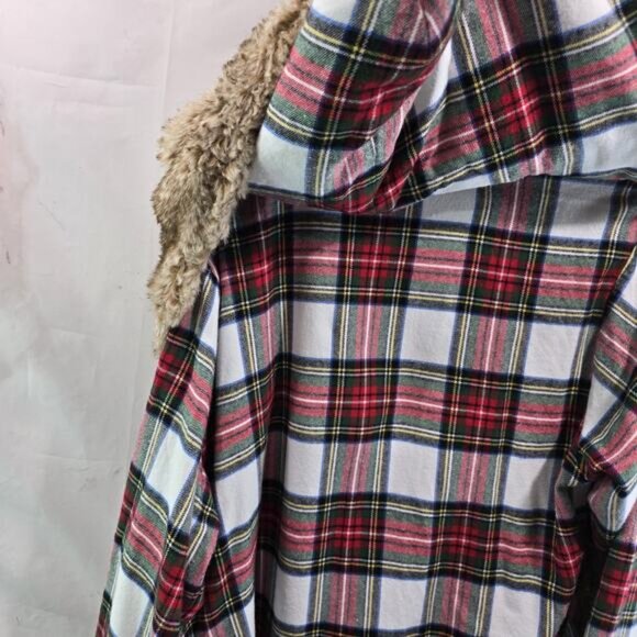 Pottery Barn Robe Women Plaid Faux Fur Hooded Flannel Holiday Christmas Stewart - Picture 10 of 14